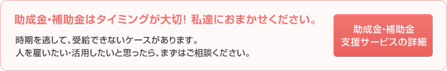 助成金・補助金はタイミングが大切！ 私達におまかせください。時期を逃して、受給できないケースがあります。人を雇いたい・活用したいと思ったら、まずはご相談ください。助成金・補助金支援サービスの詳細はこちら